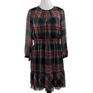 J CREW Plaid Sheer Chiffon DRESS XL Tartan Christmas Red Green Academia Preppy